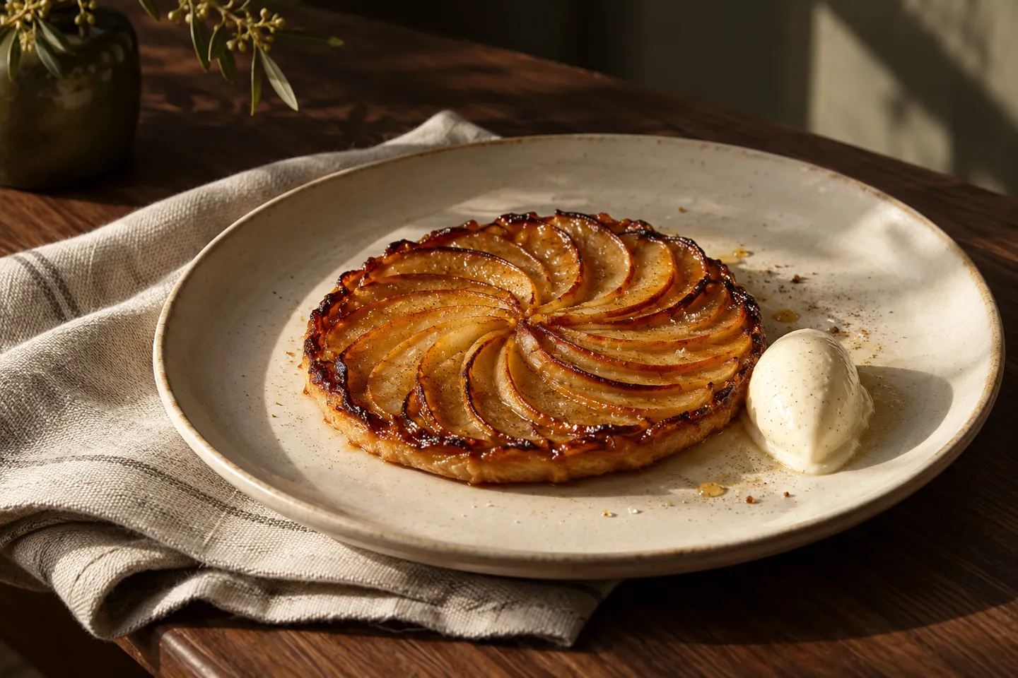 Interprétation fictive d’une tarte fine aux pommes, crème vanillée et lin naturel.
