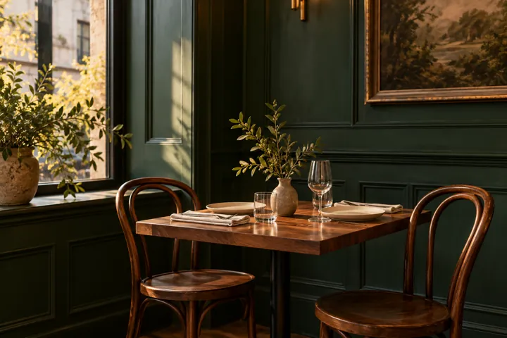 Salle de restaurant imaginaire : banquette vert forêt, bois et lumière de fenêtre.