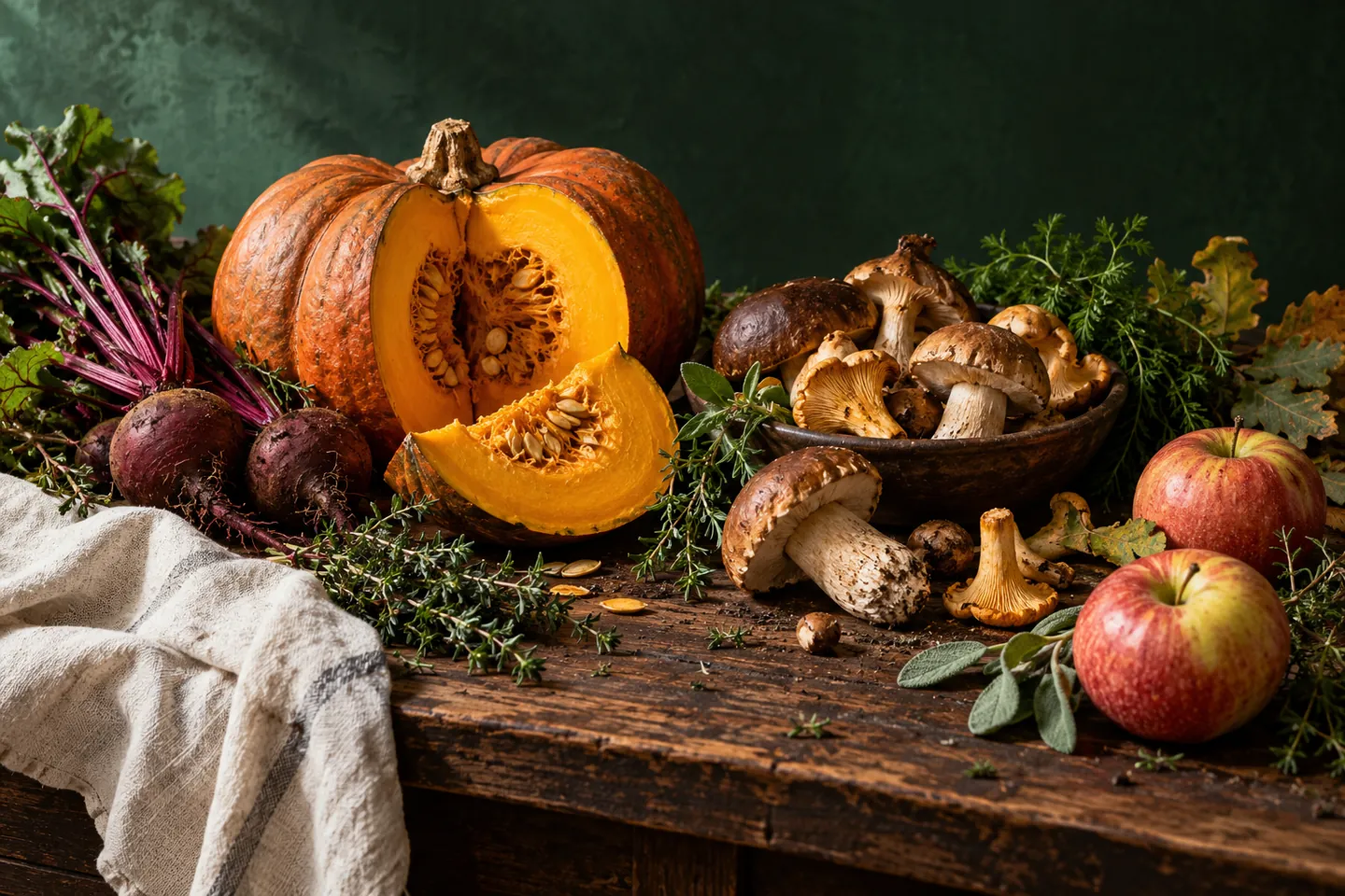 Nature morte conceptuelle de courge, champignons, betteraves et pommes sur une table de bois.